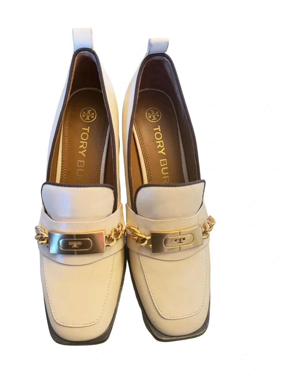 Tory Burch Cream Block Heel Loafers with Gold Chain and Brown